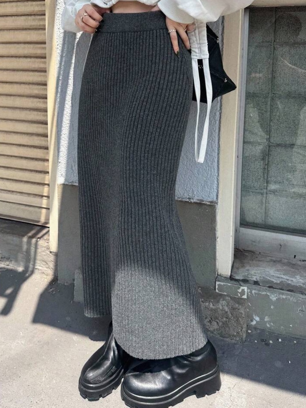 Shein Ribbed Knit Maxi Skirt Dark Gray - Size Large NWOT